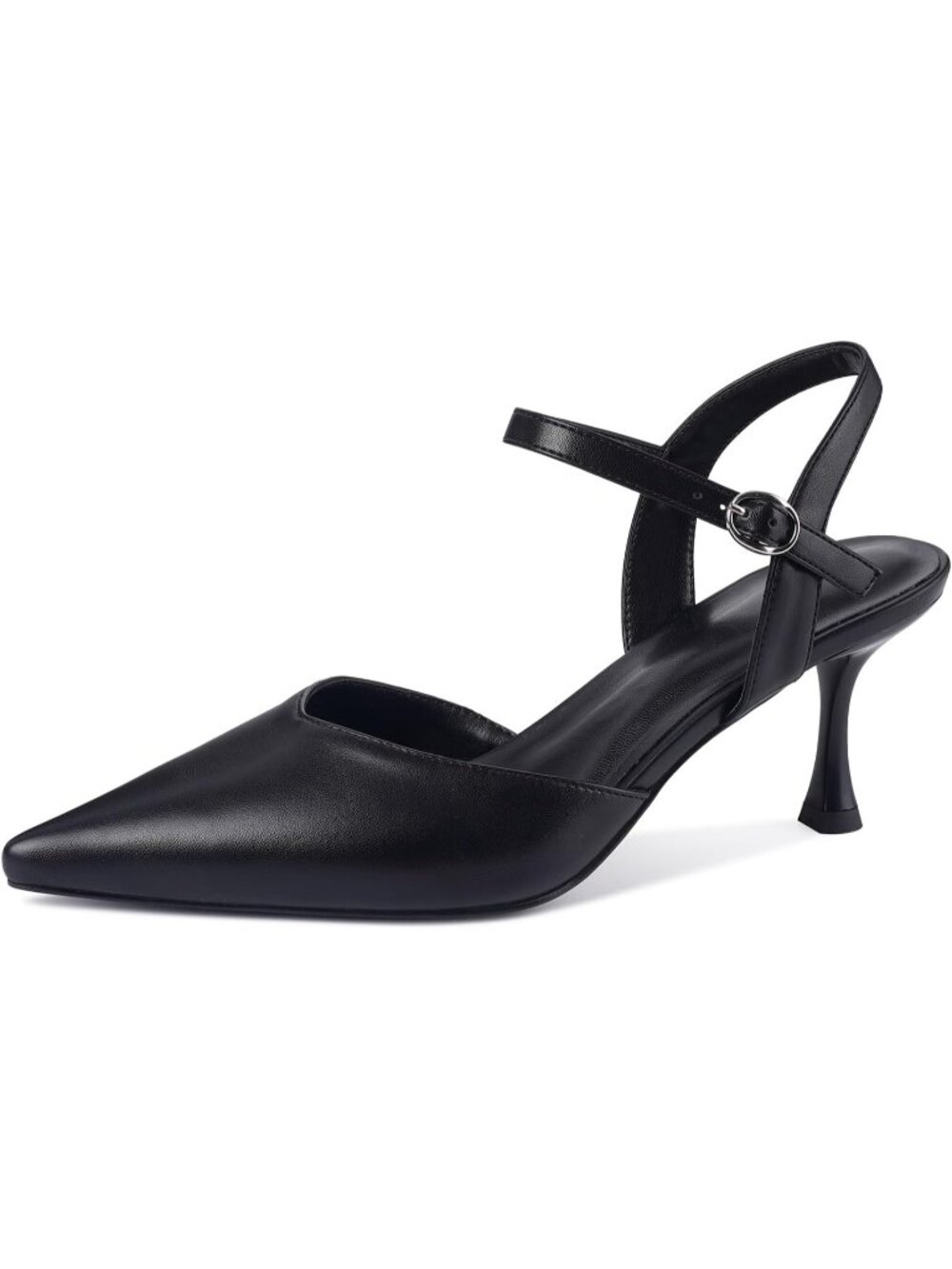 Women's Black Faux Leather Comfortable Ankle Strap Closed Toe Kitten Heels Pumps